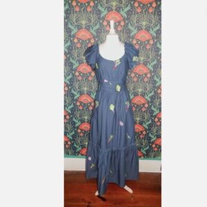 Ciebon Veggie Garden Embroidered Vegetable Maxi Puff Sleeve Cotton Dress Nwt L